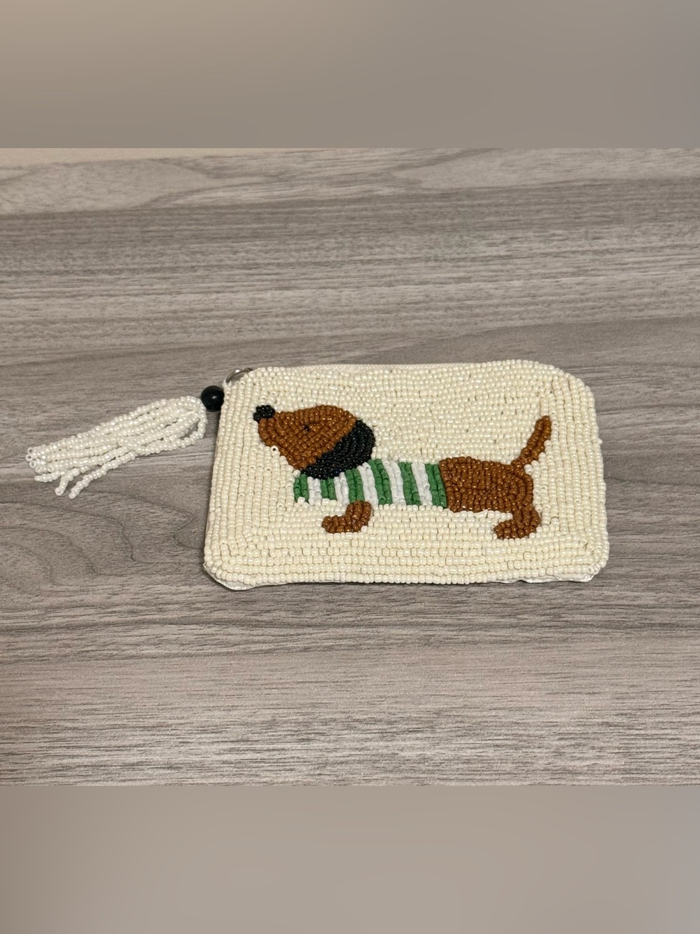Beaded Cream Dachshund Coin Purse with Green Stripe Sweater NEW